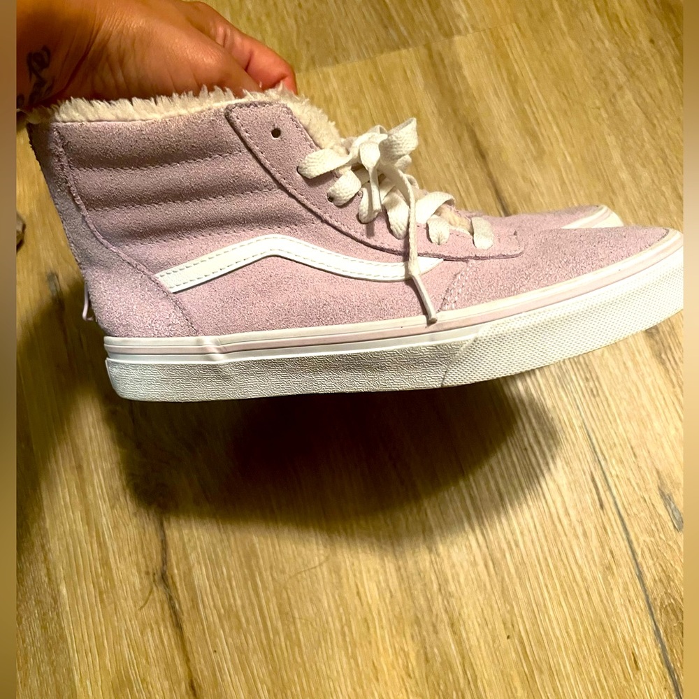 Size 4, lavender fleece lined high top vans. Like brand new. Rarely worn.